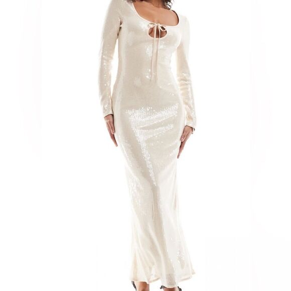 ASOS The Frolic exclusive sequin tie front bodycon maxi dress Beige Size 6 NWT - Picture 3 of 10